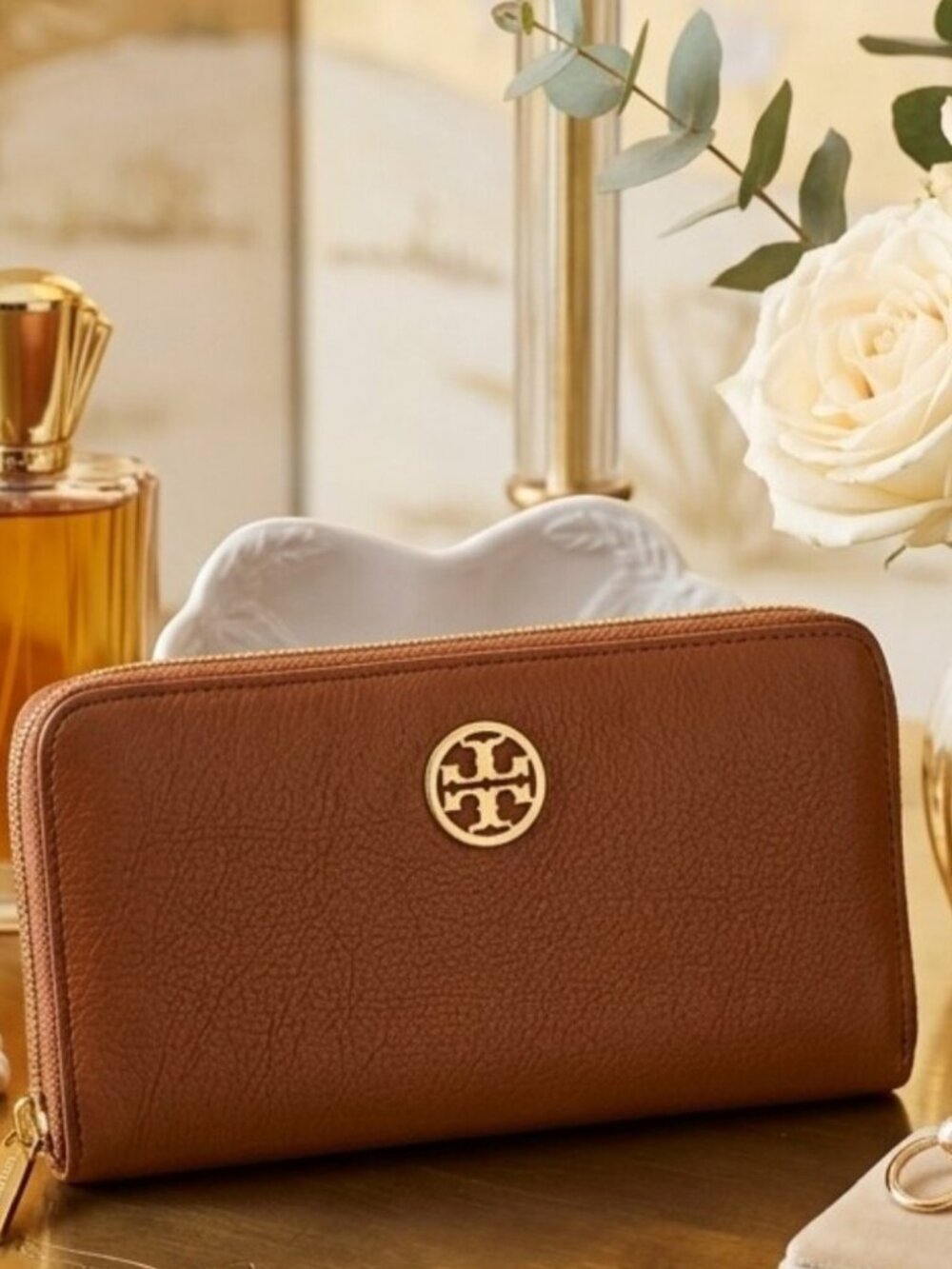 Tory Burch Robinson Saffiano Leather Zip Around Large Wallet Brown